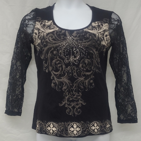 Vintage Y2K Black Gold Lace Beaded Scroll Cross Top Long Sleeve Glam Gothic - Picture 2 of 13